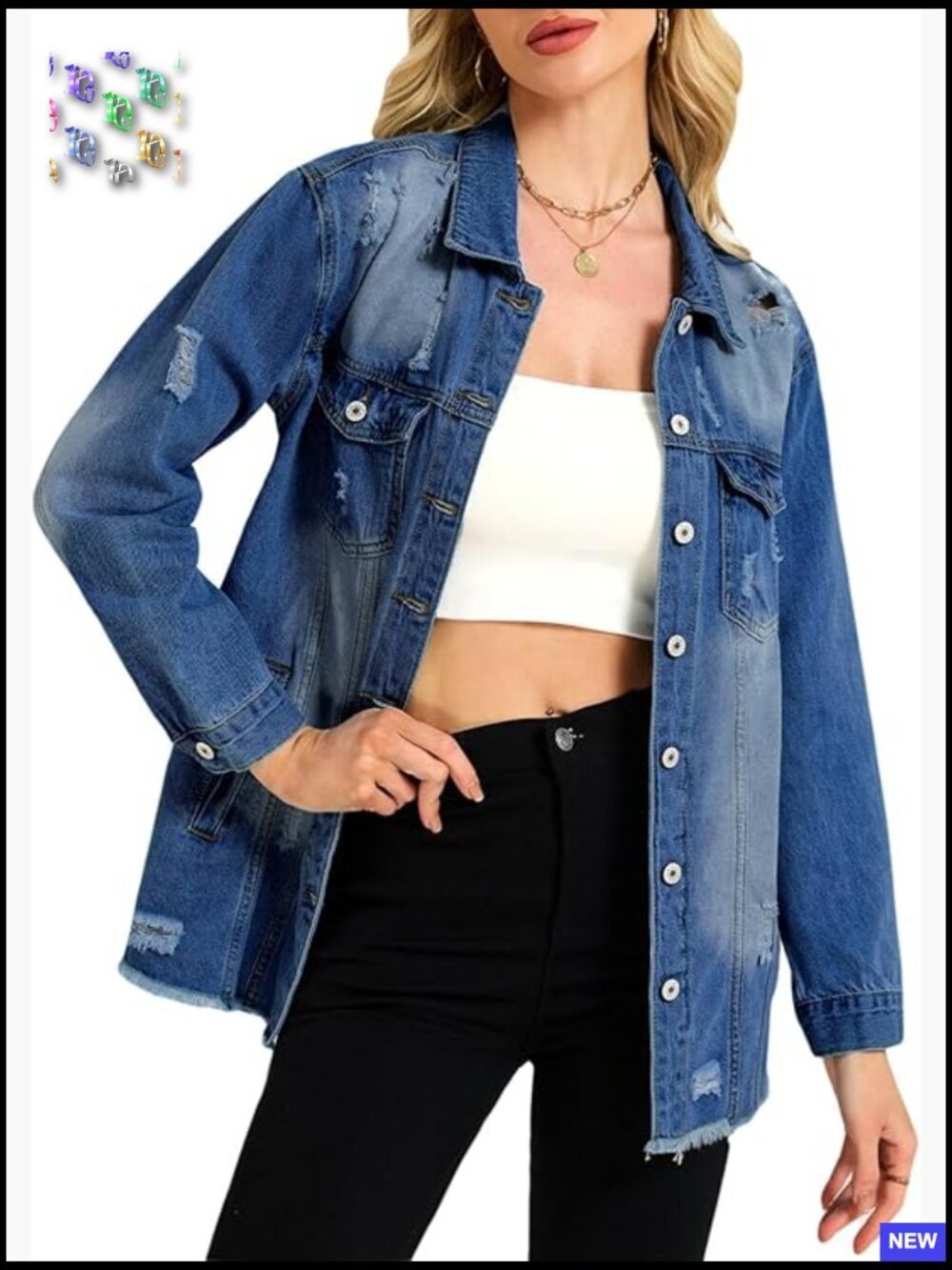 Distressed Denim Jacket Long Sleeve Ripped Frayed Hem Casual Loose Fit Button